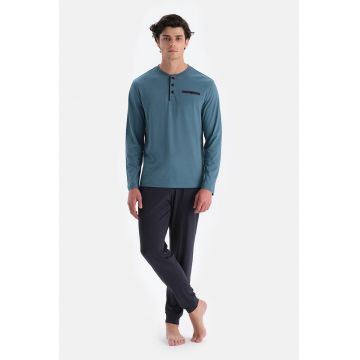 Pijama din amestec de bumbac cu model uni - Albastru ultramarin/Albastru royal