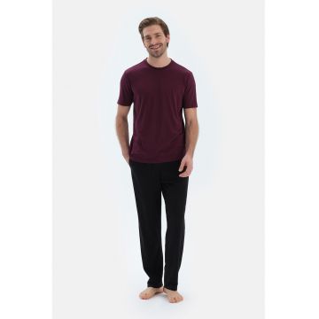 Pijama din amestec de bumbac cu model uni - Visiniu/Negru