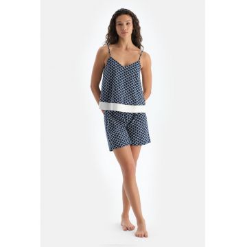 Pijama din amestec de modal cu model - Alb/Albastru indigo