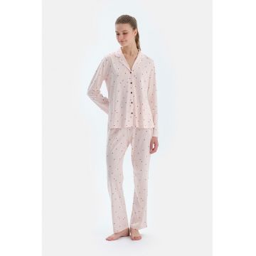 Pijama din amestec de modal cu model - Alb/Visiniu/Roz pastel