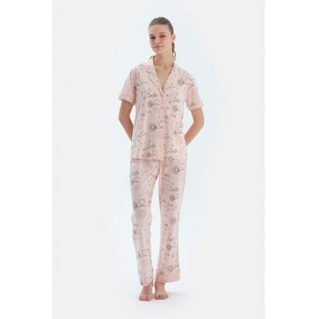 Pijama din amestec de modal cu model grafic - Negru/Roz pastel/Portocaliu stins