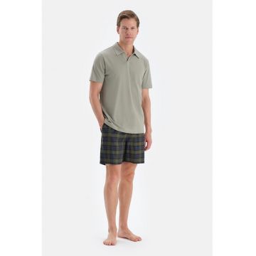 Pijama din amestec de modal cu pantaloni scurti - Gri/Albastru inchis/Kaki