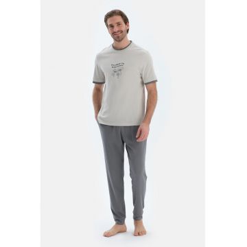 Pijama din amestec de modal cu snur - Gri deschis/Alb murdar