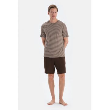 Pijama din amestec de model cu model cu dungi - Alb/Maro