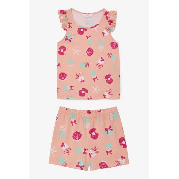Pijama din bumbac cu imprimeu - Fucsia/Roz somon/Verde menta