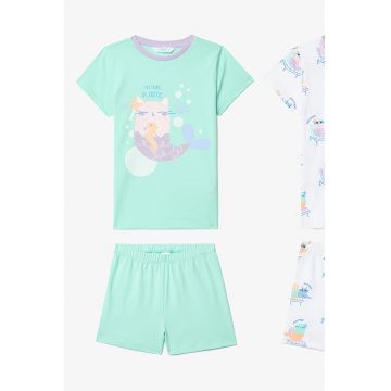 Pijama din bumbac cu imprimeu grafic si maneci scurte - Alb/Albastru aquamarin/Lila