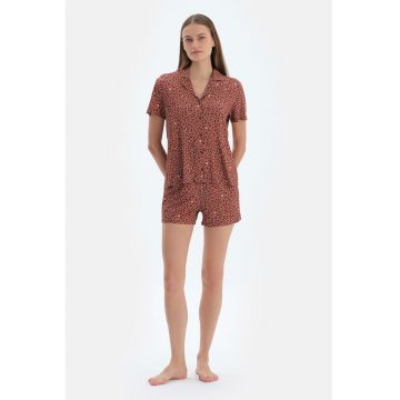 Pijama din bumbac si modal cu animal print - Caramiziu/Maro inchis/Bej deschis