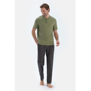Pijama din bumbac si modal cu fenta cu nasturi - Kaki pal/Gri antracit