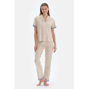 Pijama din bumbac si modal cu maneci scurte - Albastru prafuit/Bej deschis