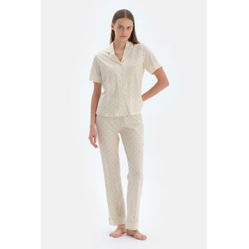Pijama din bumbac si modal cu model - Galben pal/Bej