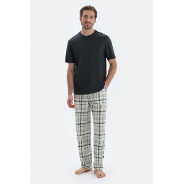 Pijama din bumbac si modal cu model in carouri - Negru/Verde pal/Alb murdar