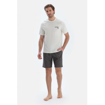 Pijama din bumbac si model cu pantaloni scurti - Alb fildes/Gri inchis