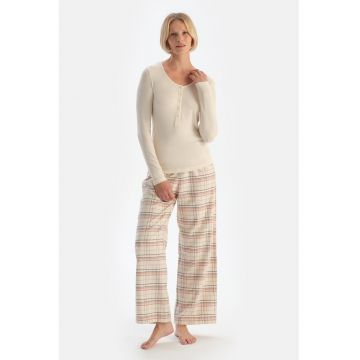 Pijama din modal si bumbac cu model in carouri - Roz pastel/Bej/Bleumarin