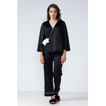 Pijama din satin cu croiala petrecuta - Negru
