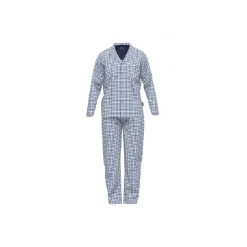 Pijama in carouri cu revere decupate - Alb/Albastru