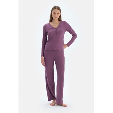 Pijama lunga cu model uni - Violet