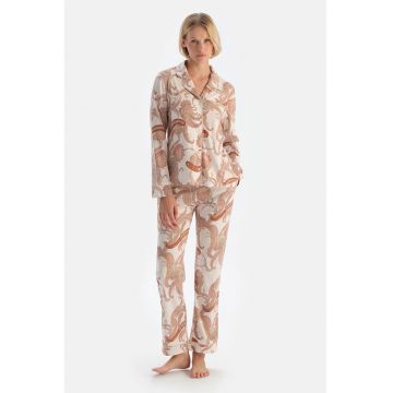 Pijama lunga din bumbac cu model paisley - Maro nisip/Maro inchis/Alb murdar