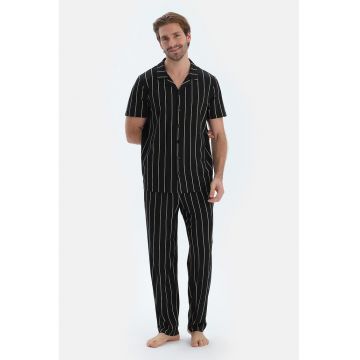 Pijama lunga din bumbac si modal cu model in dungi - Negru/Verde pal