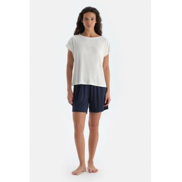 Pijama scurta uni - Alb/Albastru ultramarin