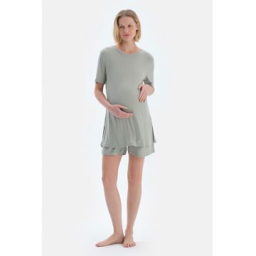 Pijama striata scurta pentru gravide - Verde sparanghel