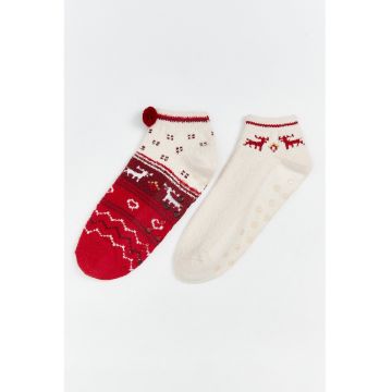 Set de sosete cu design tematic de Craciun - 2 piese - Rosu/Bej deschis