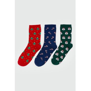 Set de sosete lungi cu model de Craciun - 3 perechi - Rosu/Verde inchis/Bleumarin