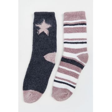 Set de sosete lungi cu modle si aspect pufos - 2 perechi - Alb/Roz prafuit/Bleumarin
