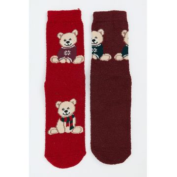 Set de sosete lungi cu talpa antiderapanta- 2 perechi - Rosu/Rosu inchis