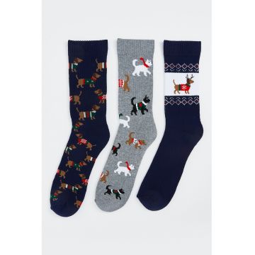 Set de sosete lungi cu tematica de Craciun - 3 perechi - Gri deschis melange/Bleumarin