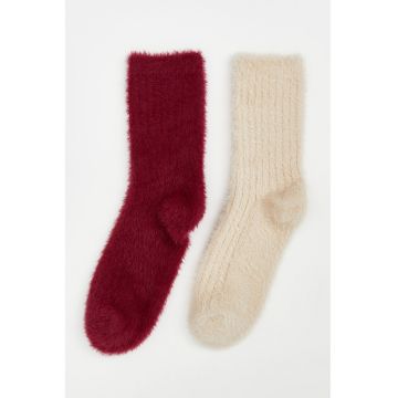 Set de sosete lungi tricotate - 2 piese - Visiniu/Bej inchis