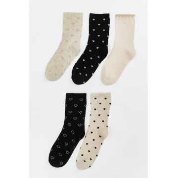 Set de sosete scurte cu model inima - 5 perechi - Maro nisip/Negru