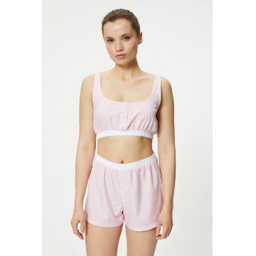 Top crop de pijama cu model in dungi si decolteu patrat - Alb/Roz pastel