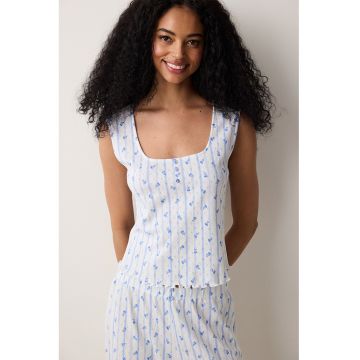 Top de pijama din bumbac cu model floral si aplicatii cu trandafiri - Albastru lavanda/Alb murdar