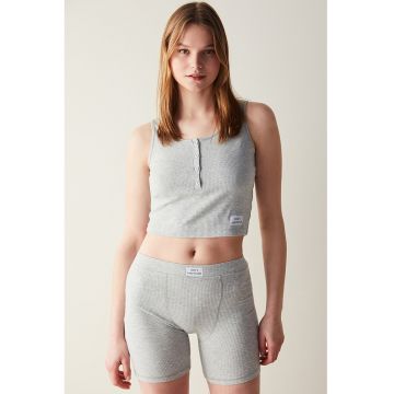 Top de pijama striat cu aplicatie text discreta - Gri melange