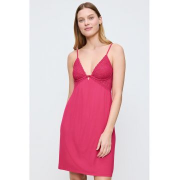 Camasa de noapte din amestec de modal cu decolteu in V si garnituri din dantela - Roz zmeuriu