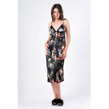 Camasa de noapte din satin cu decolteu in V si model floral - Alb/Negru/Verde feriga