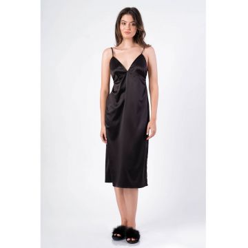 Camasa de noapte din satin cu decolteu in V si model floral - Negru
