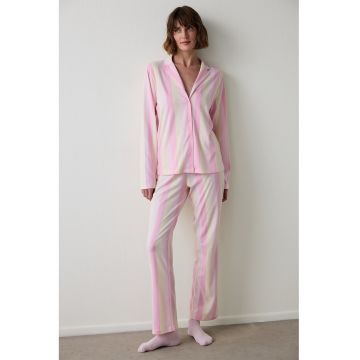 Camasa de pijama cu model in dungi si revere decupate - Roz/Crem