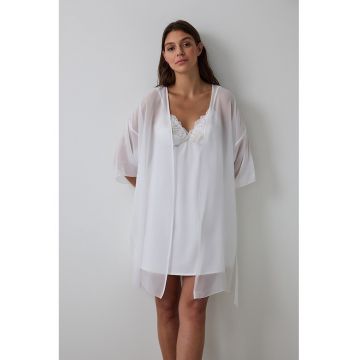 Halat semitransparent cu maneci scurte - Alb optic