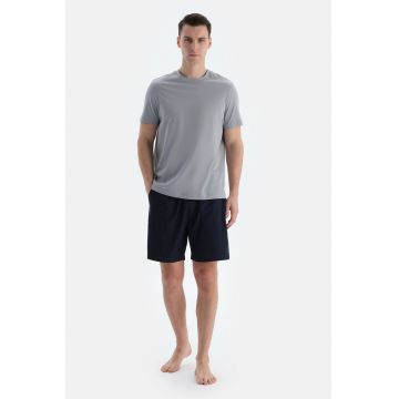 Pantaloni scurti de pijama din amestec de bumbac cu model in dungi - Bleumarin