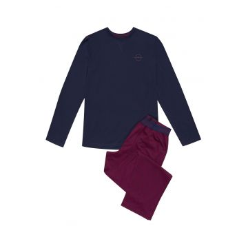 Pijama barbati  albastru turcoaz si rosu inchis - bumbac - maneca lunga - set bluza si pantaloni