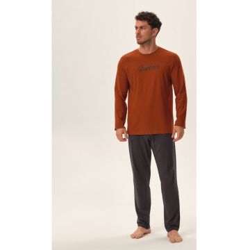 Pijama barbati  Jupiter - bumbac - portocaliu si albastru - maneca lunga - set bluza si pantaloni