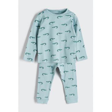 Pijama cu decolteu la baza gatului si imprimeu - Albastru glaciar/Verde persan