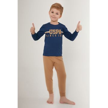 Pijama cu imprimeu logo si pantaloni lungi - Albastru inchis/Portocaliu persan