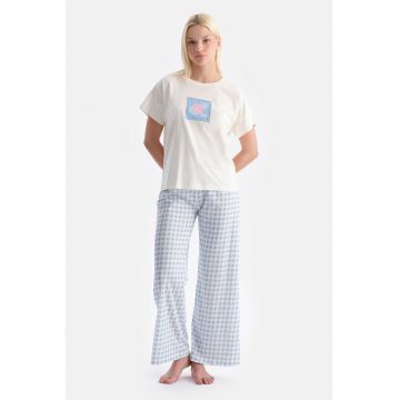 Pijama cu imprimeu si maneci scurte - Albastru pastel/Alb murdar