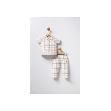 Pijama cu imprimeu si revere decupate  Alb - Alb