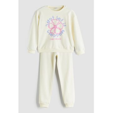 Pijama cu model grafic si pantaloni lungi - Roz/Crem