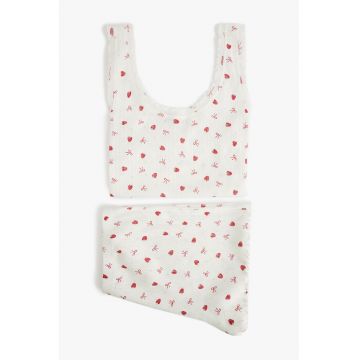 Pijama cu model si pantaloni scurti - Alb/Rosu stins