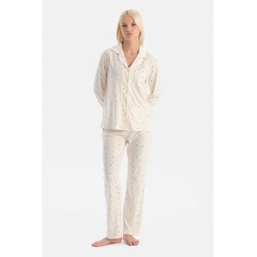 Pijama cu nasturi si dungi - Alb/Bej