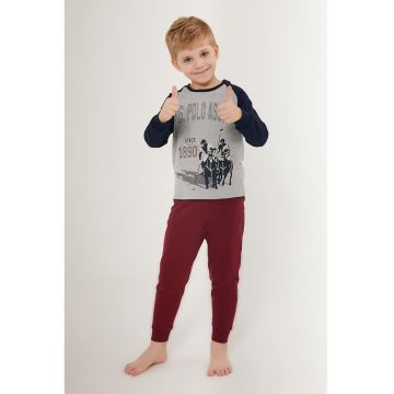 Pijama cu pantaloni lungi si model colorblock - Visiniu/Albastru ultramarin/Gri melange